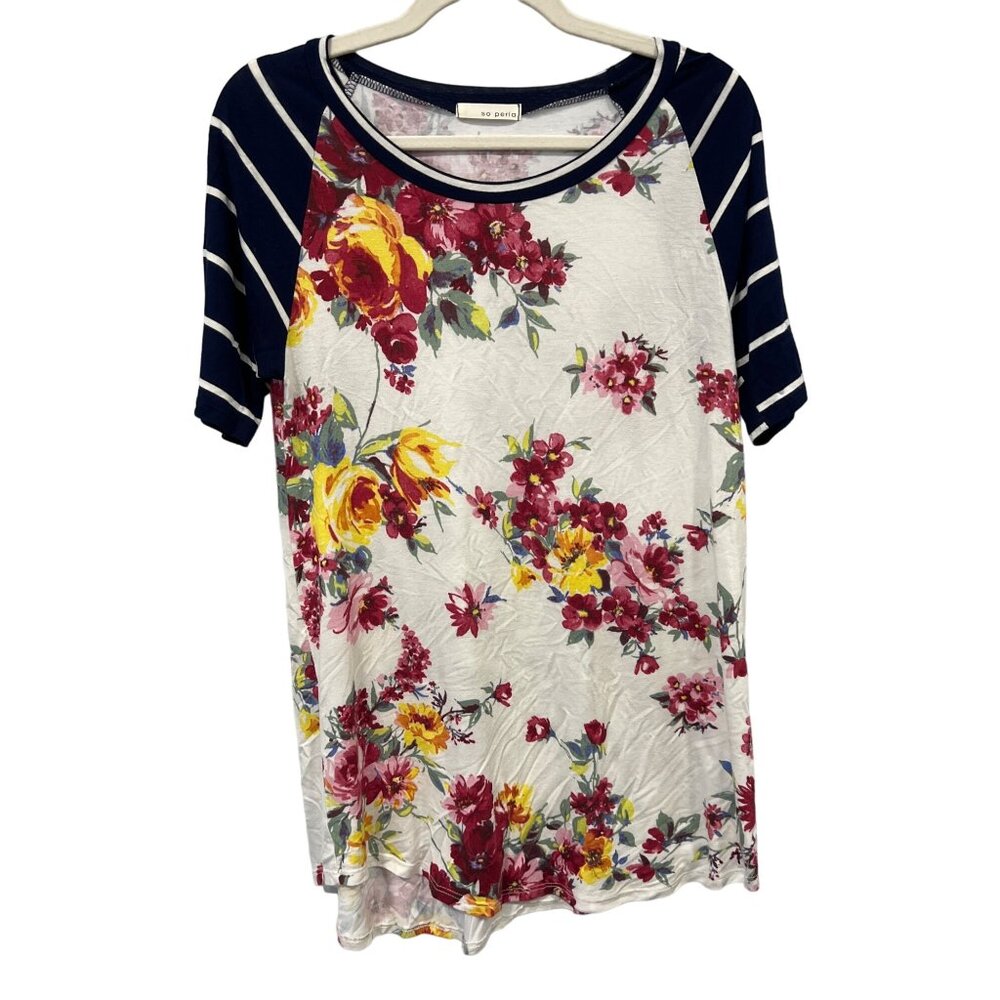 So Perla Floral T-Shirt Women M Stripe Rayon Blend Retro Boho Hippie Cottagecore